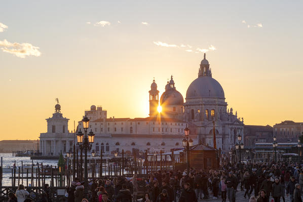 Santa Maria della Salute Basilica from Riva degli Schiavoni at sunset, Venice, Veneto, Italy