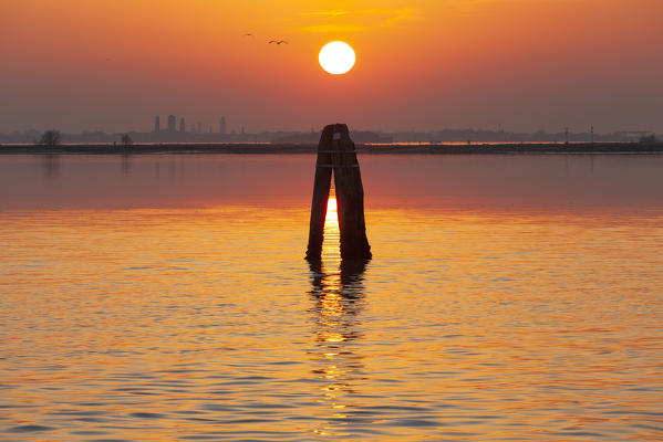 Sunset on Venice Lagoon from Burano Island, Burano, Venice, Veneto, Italy.