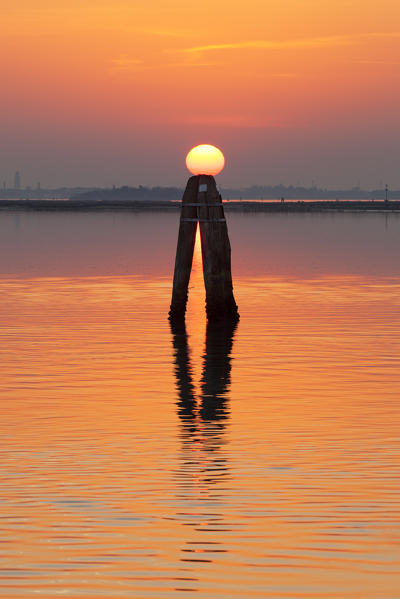 Sunset on Venice Lagoon from Burano Island, Burano, Venice, Veneto, Italy.