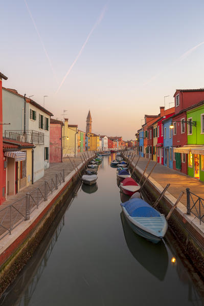 Rio della Giudecca Canal at sunset, Burano Island, Venice, Veneto, Italy.