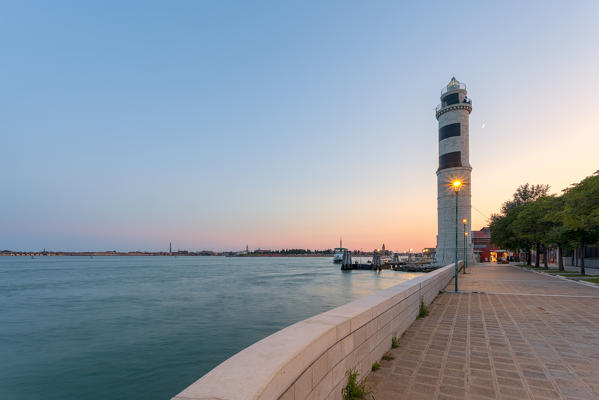 The lighthouse of Murano (the only one in Venice Lagoon) at dusk, Murano Island, Venice, Veneto, Italy.