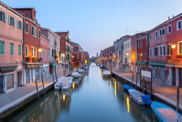 Dusk on Rio dei Vetrai, one of the canals of Murano Island, Venice, Veneto, Italy.