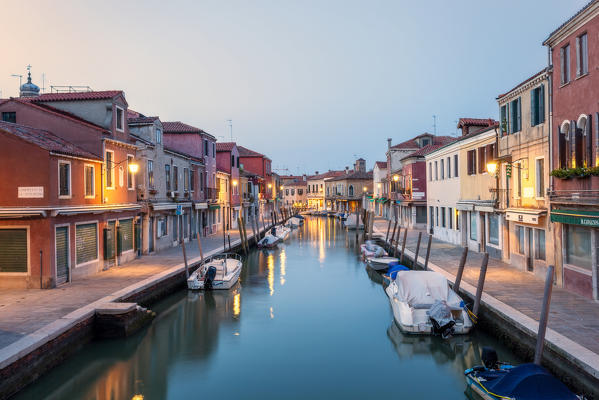 Dusk on Rio dei Vetrai, one of the canals of Murano Island, Venice, Veneto, Italy.
