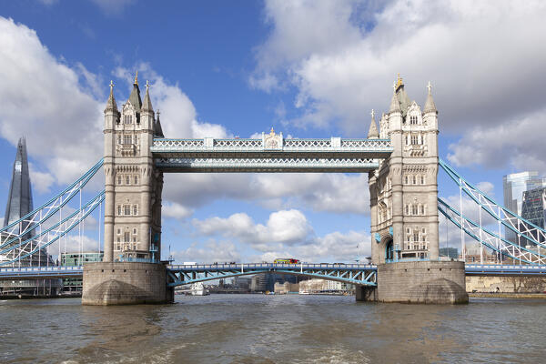Tower Bridge seen from a boat in river Thames, London, Great Britain, UK