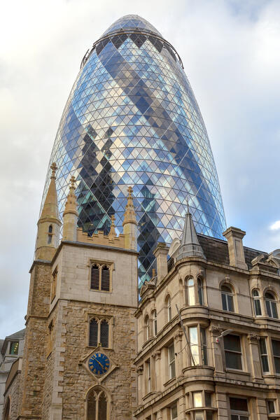 St Andrew Undershaft Church and 30 St Mary Axe skyscraper (the Gherkin), City of London, London, Great Britain, UK