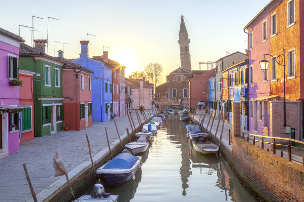 The leaning campanile of San Martino's church and the typical colored houses at sunset, Burano Island, Venice, Veneto, Italy.