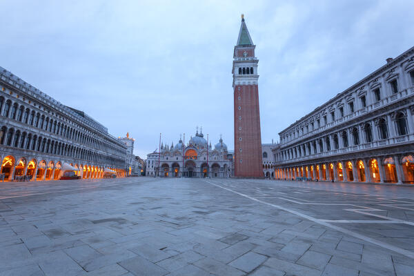An desolated St. Mark Square at dusk, Venice, Veneto, Italy.