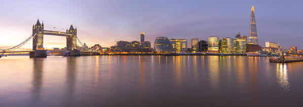Panoramic view from Tower Bridge to Shard at dawn, London, Great Britain, UK