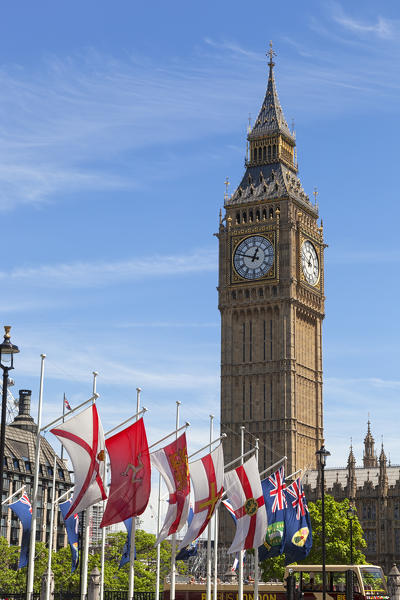 Big Ben clock tower with english flags, Westminster, London, Great Britain, UK