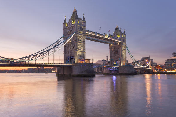 Tower Bridge at dawn reflected in river Thames, London, Great Britain, UK