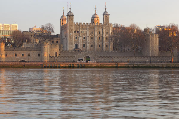 The Tower of London reflected on river Thames, London, Great Britain, UK