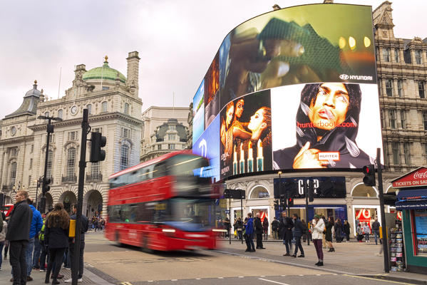 A traditional red bus in Piccadilly Circus, London, Great Britain, UK