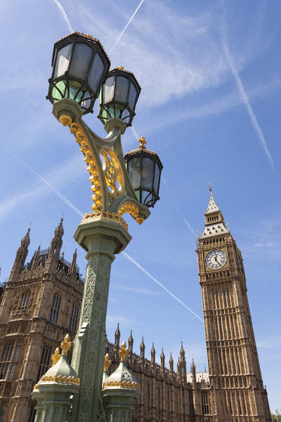 Big Ben clock tower with a street lamp, Westminster, London, Great Britain, UK