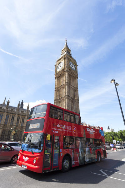 Big Ben clock tower with a touristic bus, Westminster, London, Great Britain, UK