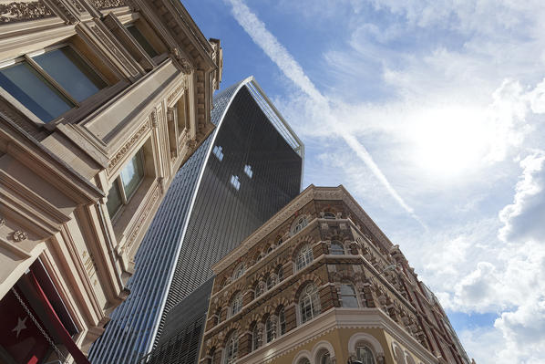 The skyscraper at 20 Fenchurch Street overhangs the other buildings in City of London, London, Great Britain, UK