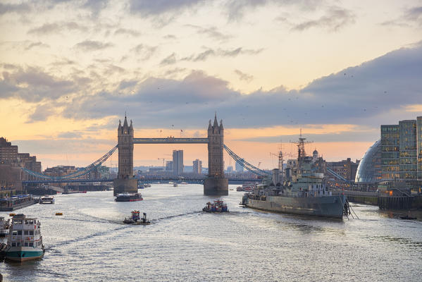 Tower Bridge and HMS Belfast from London Bridge at sunset, London, Great Britain, UK