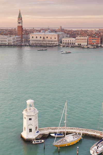 San Marco Square and the lighthouse of Venice dock from the bell tower of Abbey of San Giorgio Maggiore, Venice, Veneto, Italy