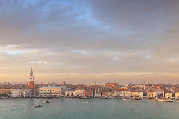 View of San Marco Square and Schiavoni Bank from the bell tower of abbey of San Giorgio Maggiore at sunset, Venice, Veneto, Italy