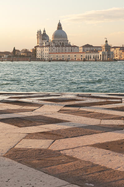 View of Punta della Dogana with church of Santa Maria della Salute from San Giorgio Maggiore island, Venice, Veneto, Italy