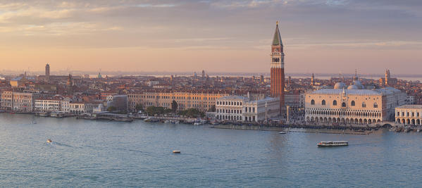Panoramic view of historc centre of Venice from the bell tower of abbey of San Giorgio Maggiore at sunset, Venice, Veneto, Italy