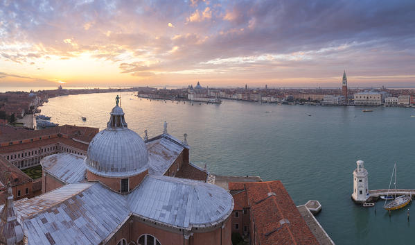 Elevated view of Abbey of San Giorgio Maggiore with Giudecca Canal at sunset from the bell tower of San Giorgio Maggiore, Venice, Veneto, Italy