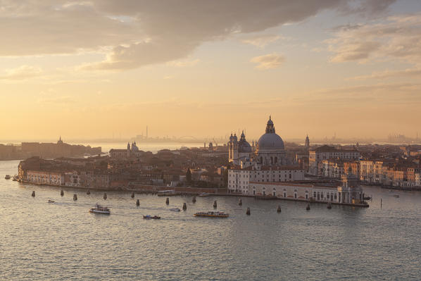 View of Punta della Dogana with church of Santa Maria della Salute from the bell tower of abbey of San Giorgio Maggiore, Venice, Veneto, Italy
