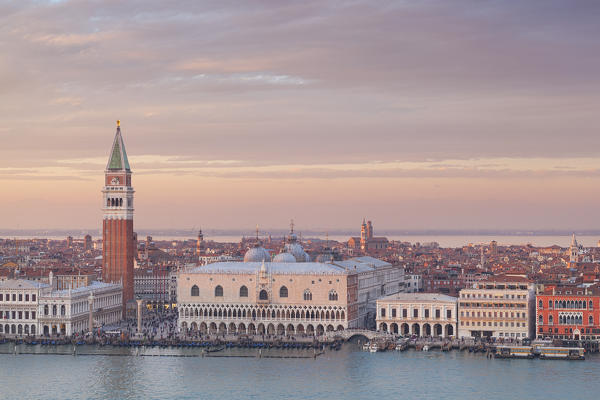 View of San Marco Square from the bell tower of abbey of San Giorgio Maggiore at sunset, Venice, Veneto, Italy