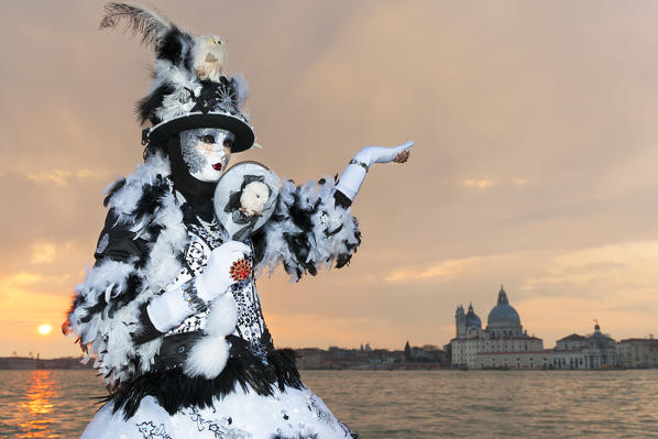 Typical mask of Carnival of Venice at San Giorgio island with Church of Santa Maria della Salute on background, Venice, Veneto, Italy