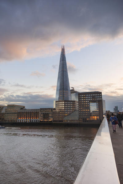 The Shard from London Bridge in a cloudy sunset, London, Great Britain, UK