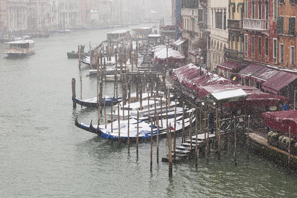 Some traditional venetian gondolas moored in Grand Canal during a snowfall, Venice, Veneto, Italy