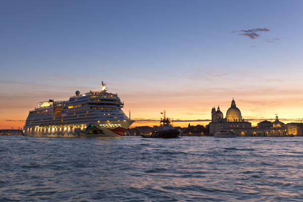 Santa Maria della Salute Basilica from San Giorgio Maggiore Island with a cruise ship, Venice, Veneto, Italy