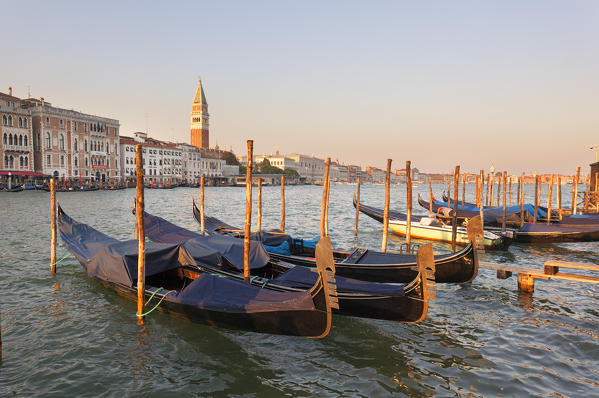 Gondolas moored at poles on Fondamenta San Giovanni, Venice, Veneto, Italy