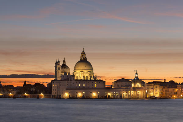 Santa Maria della Salute Basilica from San Giorgio Maggiore Island at dusk, Venice, Veneto, Italy
