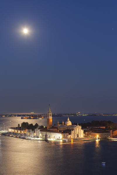 St' Georges island seen from the top of St. Mark's Campanile by night, Venice, Veneto, Italy.