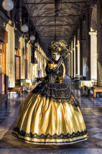 Typical mask of Carnival of Venice under the arcade of the Marciana National Library, Venice, Veneto, Italy