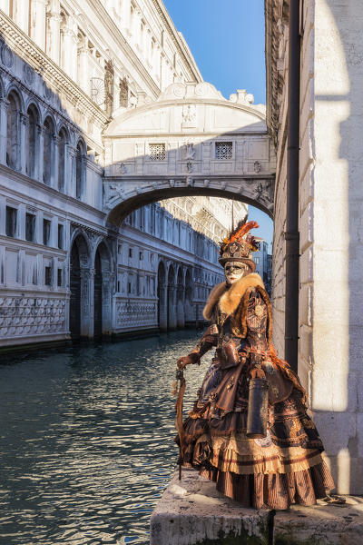 Typical mask of Carnival of Venice with the Bridge of Sighs in the background, Venice, Veneto, Italy
