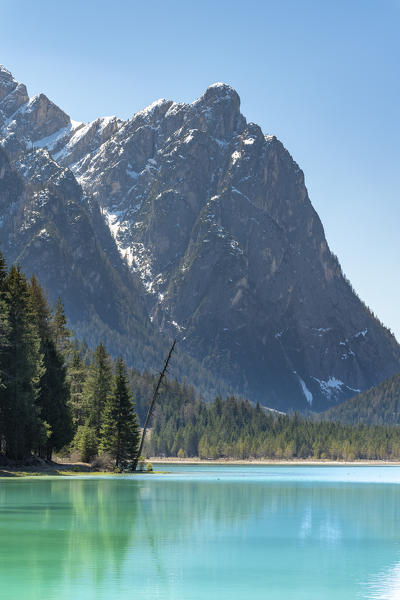 Dobbiaco/Toblach, Dolomites, South Tyrol, Italy. The lake Dobbiaco with the peak of Croda Bagnata.