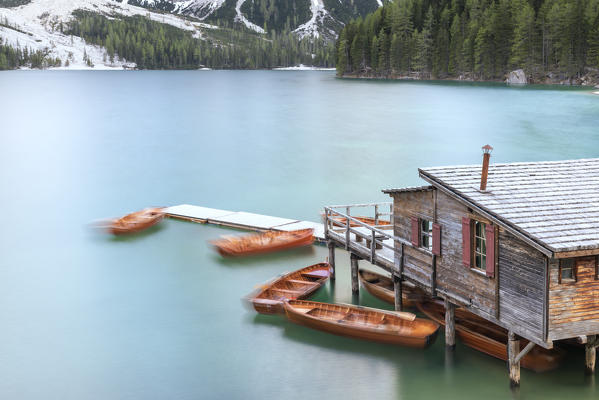 Braies / Prags, Dolomites, South Tyrol, Italy. The Lake Braies / Pragser Wildsee at sunset