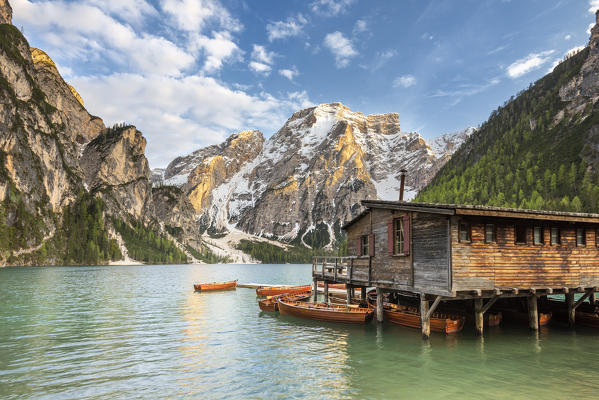 Braies / Prags, Dolomites, South Tyrol, Italy. The Lake Braies / Pragser Wildsee at sunset