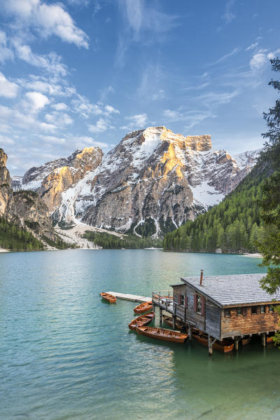 Braies / Prags, Dolomites, South Tyrol, Italy. The Lake Braies / Pragser Wildsee at sunset