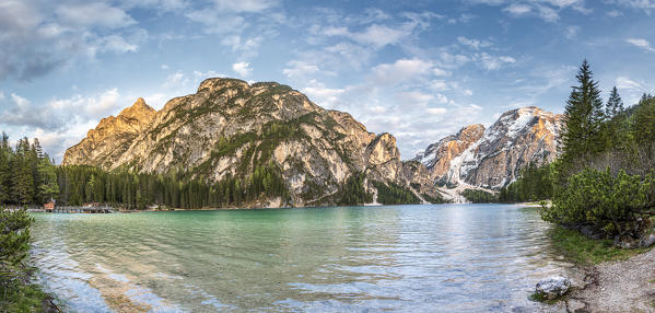 Braies / Prags, Dolomites, South Tyrol, Italy. The Lake Braies / Pragser Wildsee at sunset