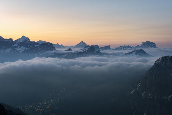 Gran Cir, Gardena Pass, Dolomites, Bolzano district, South Tyrol, Italy, Europe. View just before sunrise from the summit of Gran Cir to the mountains of Tofana di Rozes, Sorapiss, Antelao and Mount Pelmo