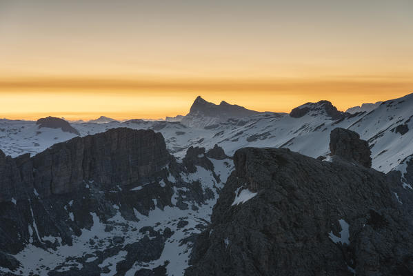 Gran Cir, Gardena Pass, Dolomites, Bolzano district, South Tyrol, Italy, Europe. View just before sunrise from the summit of Gran Cir