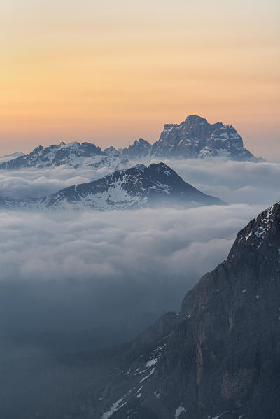 Gran Cir, Gardena Pass, Dolomites, Bolzano district, South Tyrol, Italy, Europe. View just before sunrise from the summit of Gran Cir to the Mount Pelmo