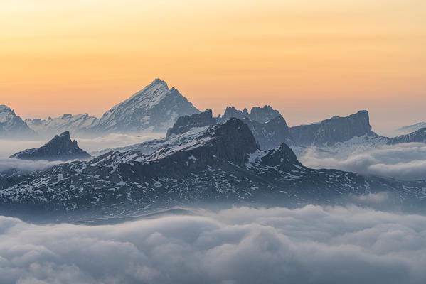 Gran Cir, Gardena Pass, Dolomites, Bolzano district, South Tyrol, Italy, Europe. View just before sunrise from the summit of Gran Cir to the Mount Antelao