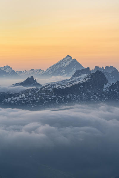 Gran Cir, Gardena Pass, Dolomites, Bolzano district, South Tyrol, Italy, Europe. View just before sunrise from the summit of Gran Cir to the Mount Antelao