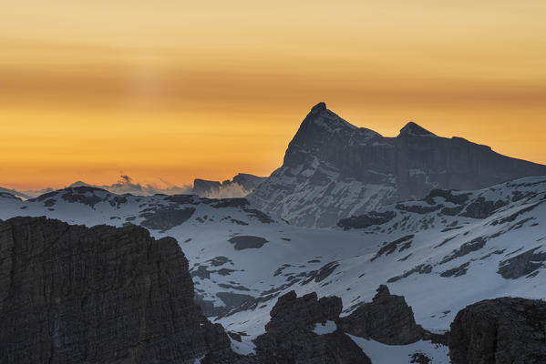 Gran Cir, Gardena Pass, Dolomites, Bolzano district, South Tyrol, Italy, Europe. View just before sunrise from the summit of Gran Cir