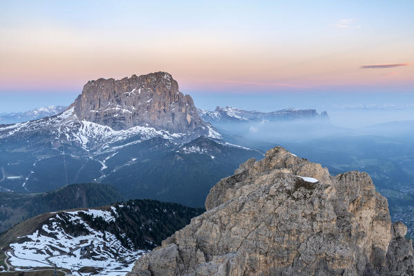 Gran Cir, Gardena Pass, Dolomites, Bolzano district, South Tyrol, Italy, Europe. View just before sunrise from the summit of Gran Cir to the mountains Sassolungo and Sciliar