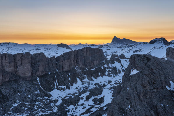 Gran Cir, Gardena Pass, Dolomites, Bolzano district, South Tyrol, Italy, Europe. View just before sunrise from the summit of Gran Cir to the Mount Antelao