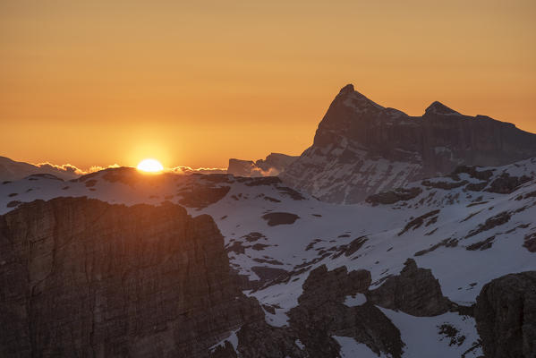 Gran Cir, Gardena Pass, Dolomites, Bolzano district, South Tyrol, Italy, Europe. View at sunrise from the summit of Gran Cir